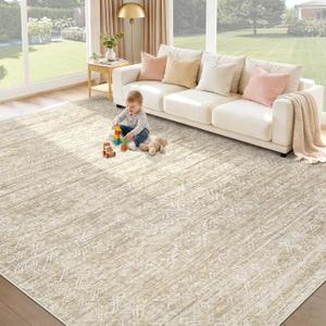 Washable Rug 9x12 Area Rugs: Modern Geometric Rugs for Living Room Non Slip Soft Low Pile Moroccan Indoor Carpet for Bedroom Nursery Dining Room Home Office Children's Room (Beige, 9'x12')