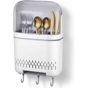 Sliner Wall Mount Utensil Rack Holder with Lid and Hook Waterproof Compartmental Storage Caddy Cutlery Drainer with Cover Detachable Kitchen Hanging Chopstick Silverware Organizer Moonlight White