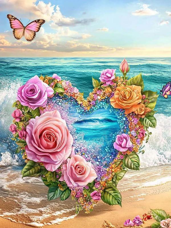 Pavemlo 5D Diamond Art Kits for Adults Love on The Sea, Full Drill Diamond Art Flowers Pictures Paint with Diamonds, DIY Cross Stitch Jewel Art Rhinestone Craft for Home Wall Decor 12x16 Inch