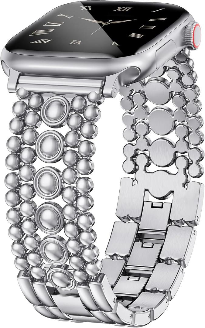Minyee Compatible with Apple Watch Band 42/46/38/40/41/44/45/49mm Women, Dressy Pretty Stainless Steel Metal Strap Fancy Studded Designer Link Bracelet for iWatch Series 38/40/41/42mm(Series 11/10)