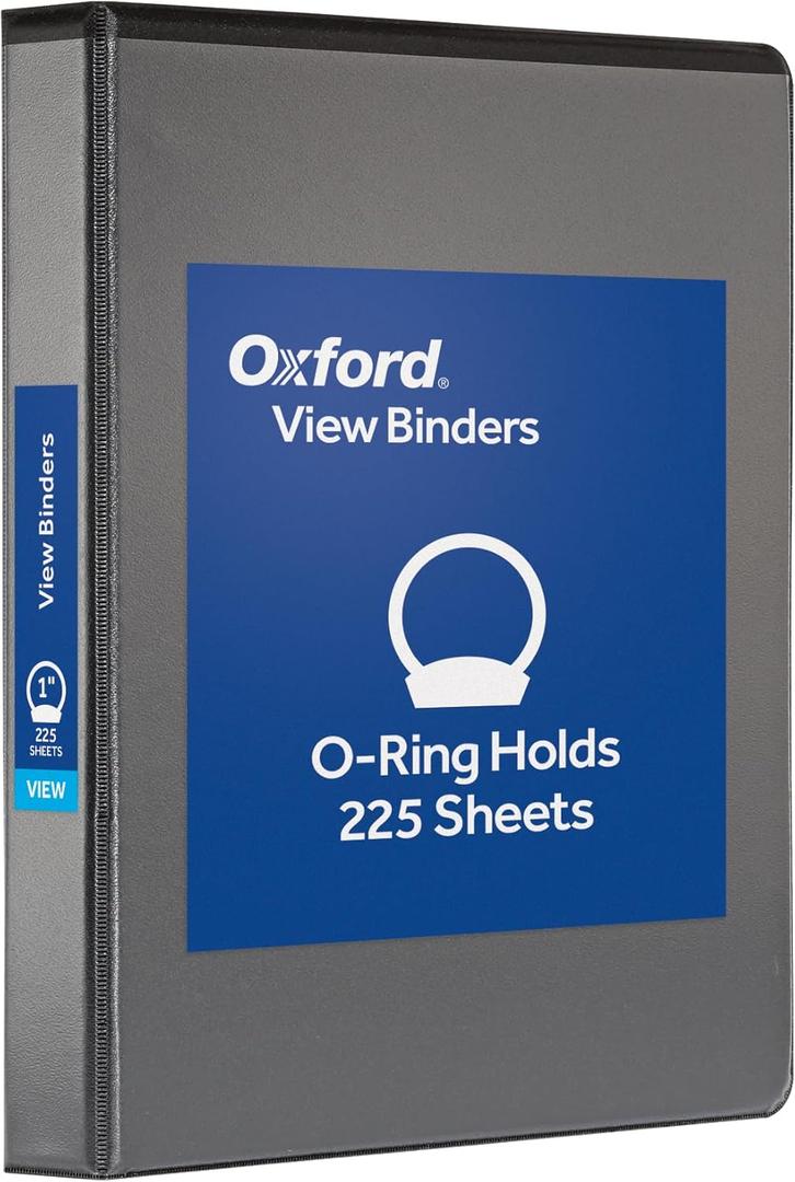 Oxford Ring Binders, 1" Round Ring Binders, View Binder, Covers on 3 Sides, XtraLife Hinge, Non-Stick, PVC-Free, Black, 225 Sheet Capacity (1002546)