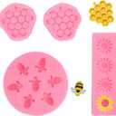 2 x 4 Pcs Bumble Bee Silicone Molds Kit with Honeycomb, Bee and Sunflower, Fondant, Chocolate, Cupcake, Cake Decorating, Candy Molds(Pink)