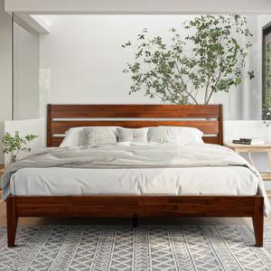 Acacia Emery Bed Frame with Headboard Solid Wood Platform Bed, King Size Bed Frame, Mid - Century Modern Wood Bed Compatible with All Mattresses, Easy Assembly, Non-Slip, Chocolate.