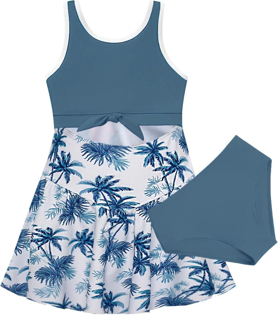 GRACE KARIN Girls Swimsuit Size 8 Cutout High Waisted Blue Coconut Tree Skirt Bluey Swimsuits for Girls