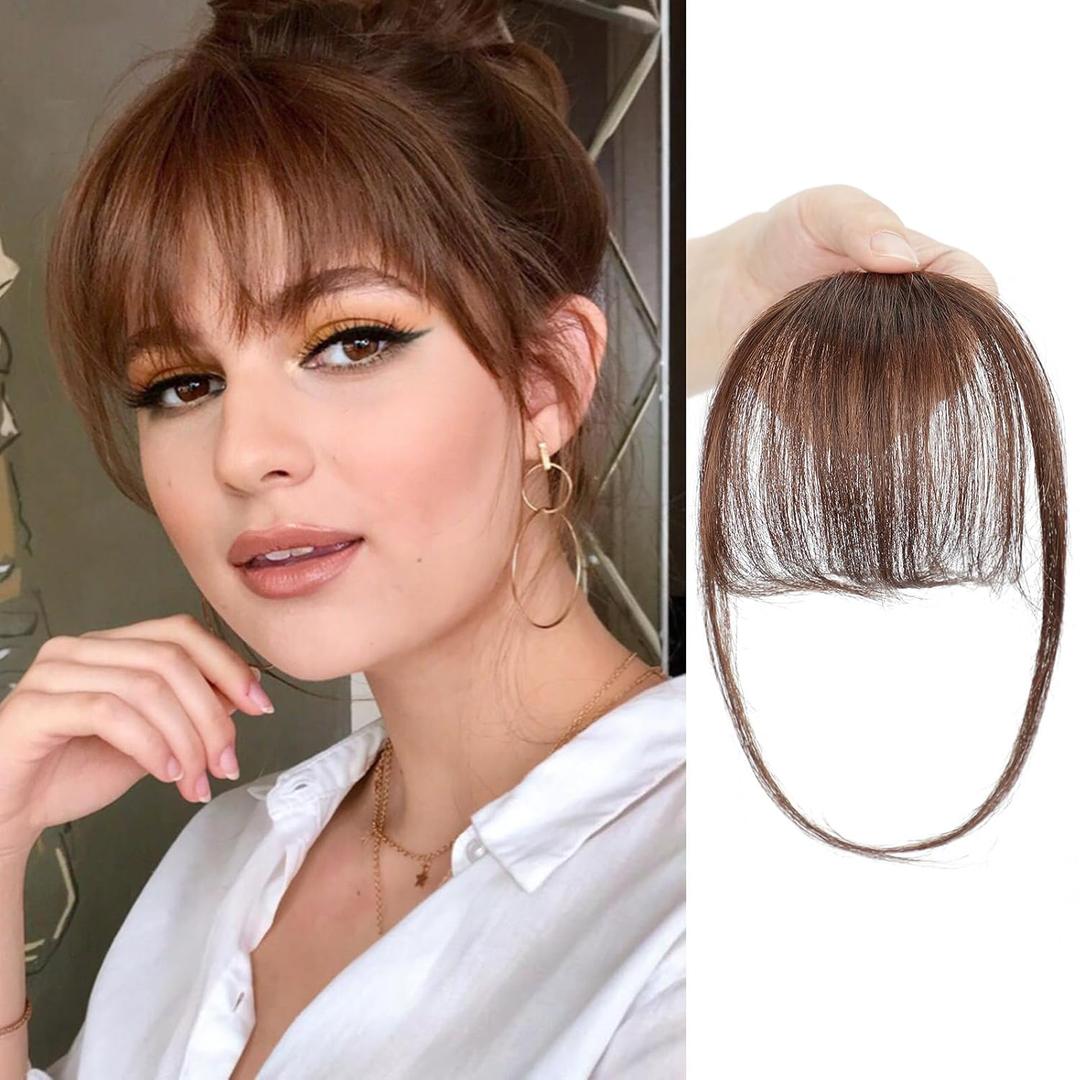 BOGSEA Bnags Hair Clip- Medium Brown Fake Bangs 100% Real Human Hair Extensions Wispy Bangs for Women Fringe with Temples Hairpieces Curved Bangs for Daily Wear Medium Brown Wispy Bangs