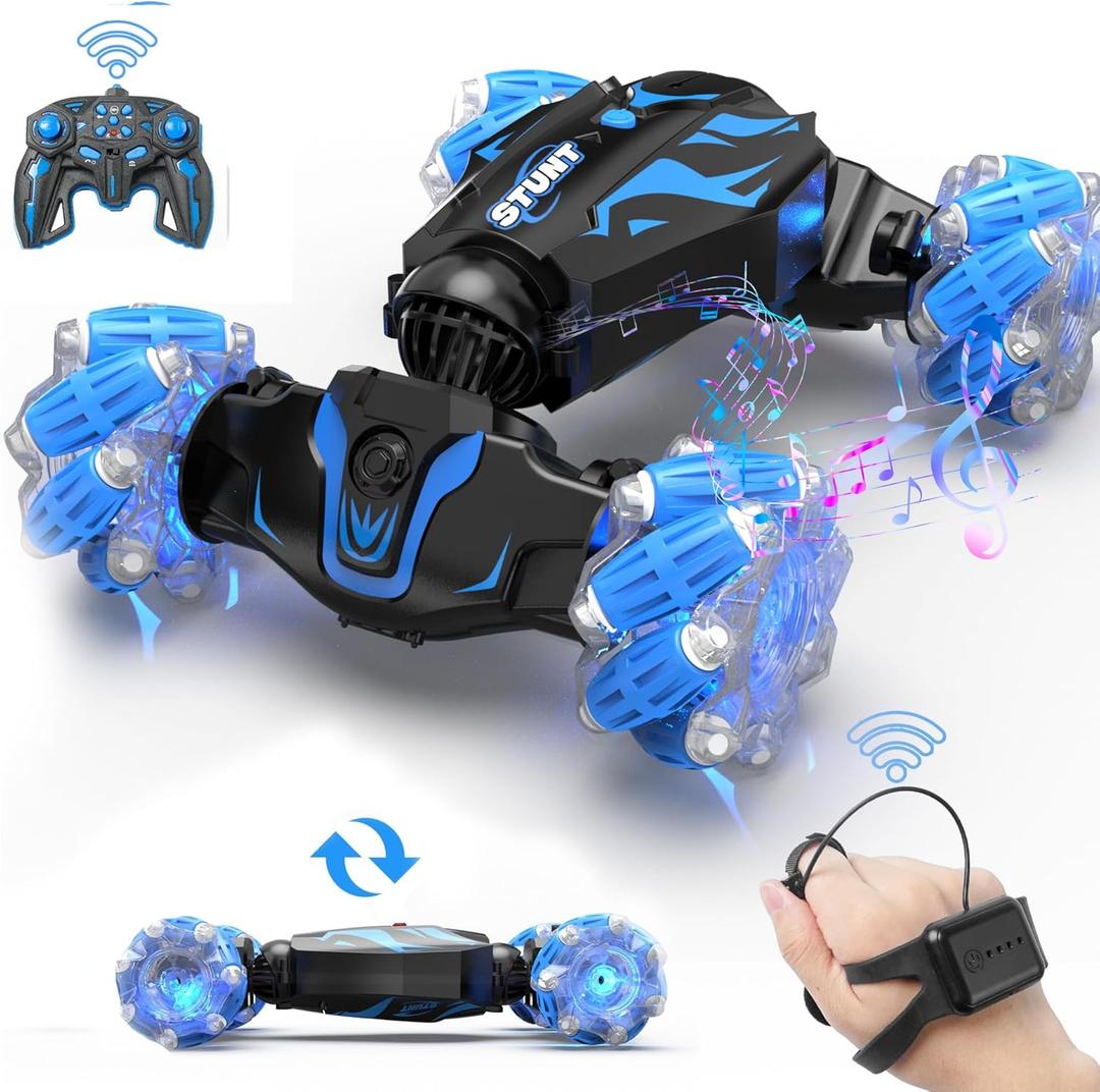 BEZGAR Gesture Sensing RC Stunt Car - Boys Toys Age 6-12, 2.4Ghz Remote Control Twist Car with Light & Music, 4WD Hand Controlled RC Cars, Birthday Gifts for Kids 6 7 8 9 10 11 12 Years Old (Blue)