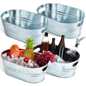 Tessco 4 Pcs 4 Gallon Galvanized Metal Tubs Large Ice Buckets for Parties Beverage Drink Tin Bins Champagne Cocktail Drink Cooler for Summer Mimosa Bar Supplies(Classic,Silver)