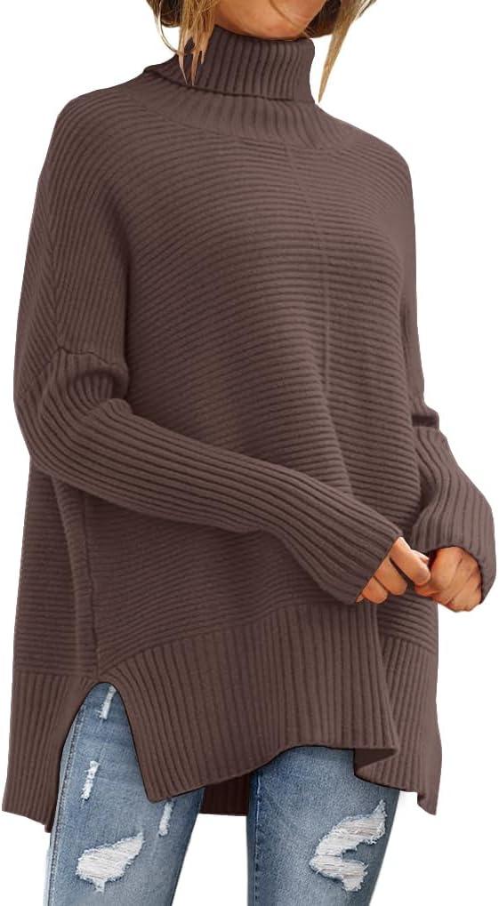 LILLUSORY Women's Oversized Turtleneck Sweaters Fall Batwing Sleeve Ribbed Tunic Sweater (X-Large, Nutmeg)