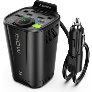 150W Car Power Inverter, 12V DC to 110V AC Car Plug Adapter Outlet Converter, with 2 AC Outlets, A 18W USB A and Dual 30W PD Car Charger, for Laptop Computer - Black