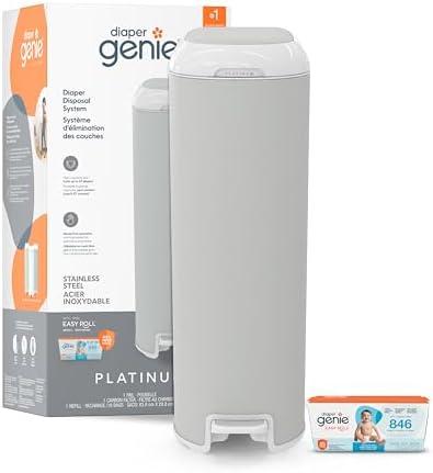 Diaper Genie Platinum Pail (Grey) is Made in Durable Stainless Steel and Includes 1 Easy Roll Refill with 18 Bags That can Last up to 5 Months.