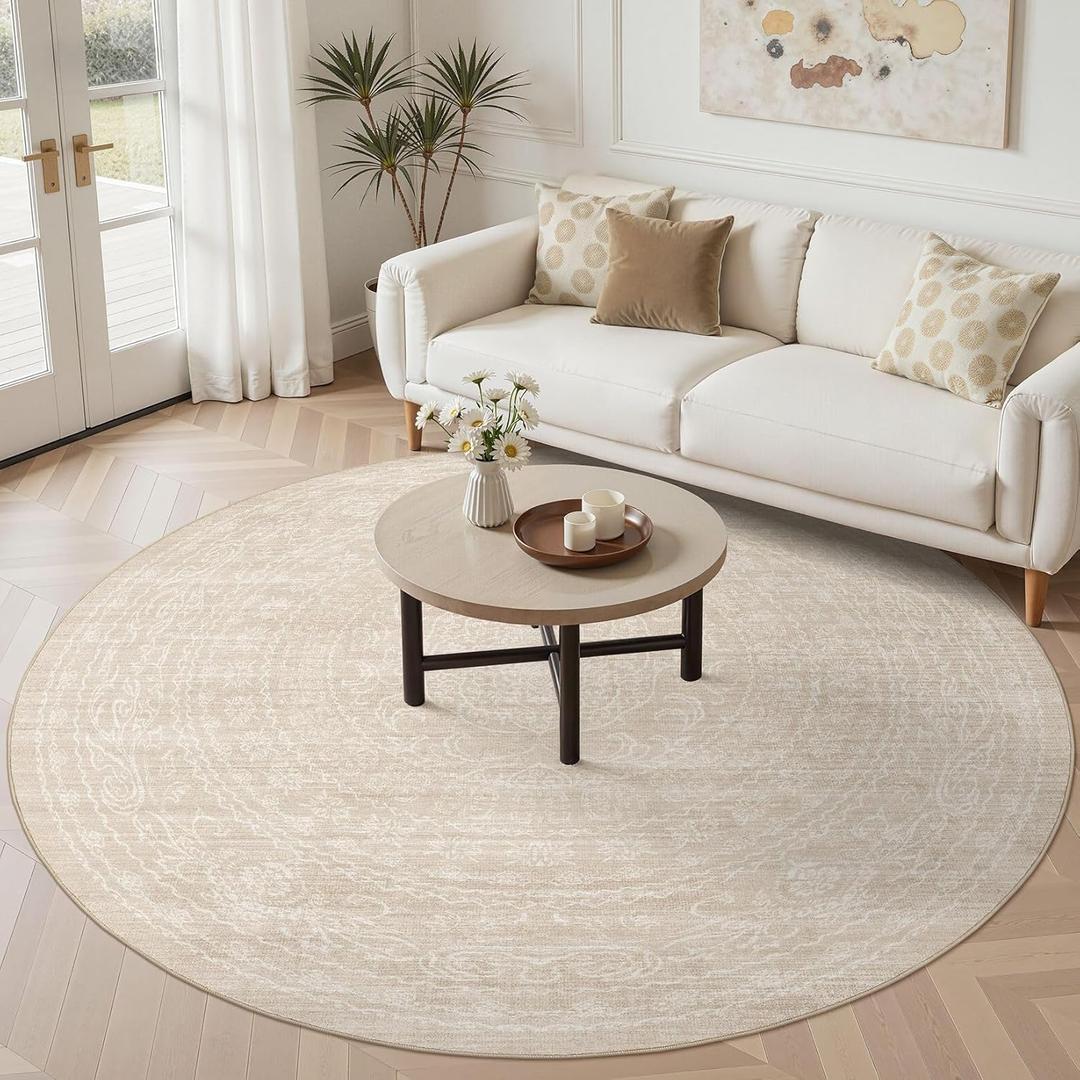 8ft Round Rug Living Room: Washable Large Vintage Neutral Area Rug Non-Slip Soft Stain Resistant Indoor Carpet for Bedroom Nursery Dining Room Under Table Bed Home House Office Playroom - Beige