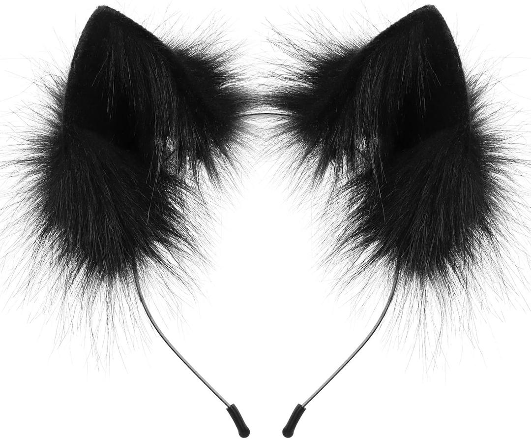 HAOAN Handmade Faux Fur Animal Cat Ears Headband Furry Fox Wolf Hairhoop Headwear Costume Accessory (Black)