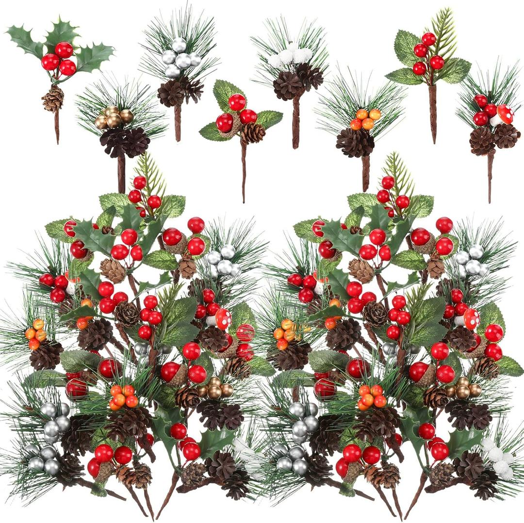 Panelee 48 Pcs Artificial Pine Picks - Christmas Picks for Crafts, Floral, Pine Cones, Sprays, Wreath & Berry Stem Bulk for Xmas Tree & Winter Holiday