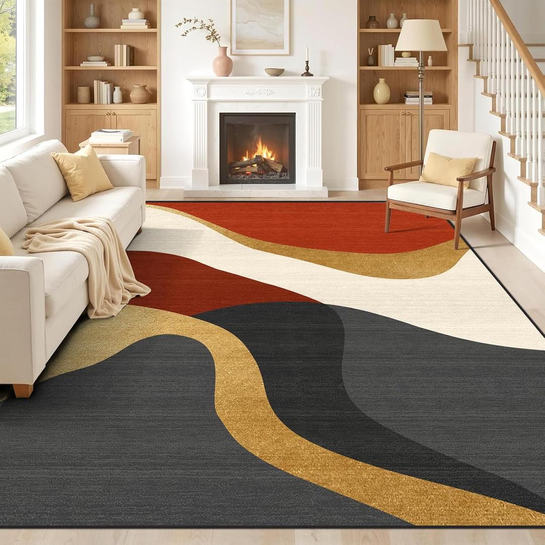 Red Black Area Rug 8x10 Large Gold Rugs Modern Washable Non-Slip Carpet for Living Dining Room Bedroom Home Decor