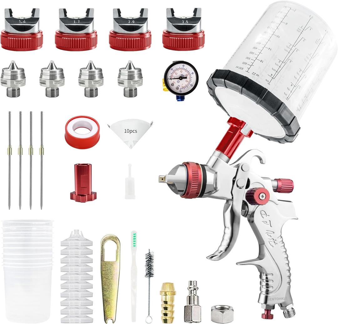 HVLP Gravity Fed Air Spray Gun with 1.4/1.7/2.0/2.5 mm Nozzles and 650ML Disposable Paint Cups, Automotive Spray Paint Gun for Refinishing and Home Wall Finishing Applications (RED)