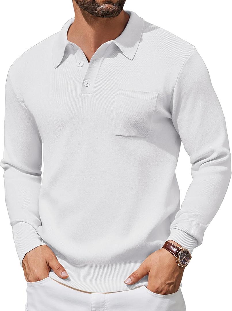 COOFANDY Mens Long Sleeve Polo Sweater Knit Polo Casual Heavyweight Thermal Pullover Sweater with Pocket (X-Large, White)