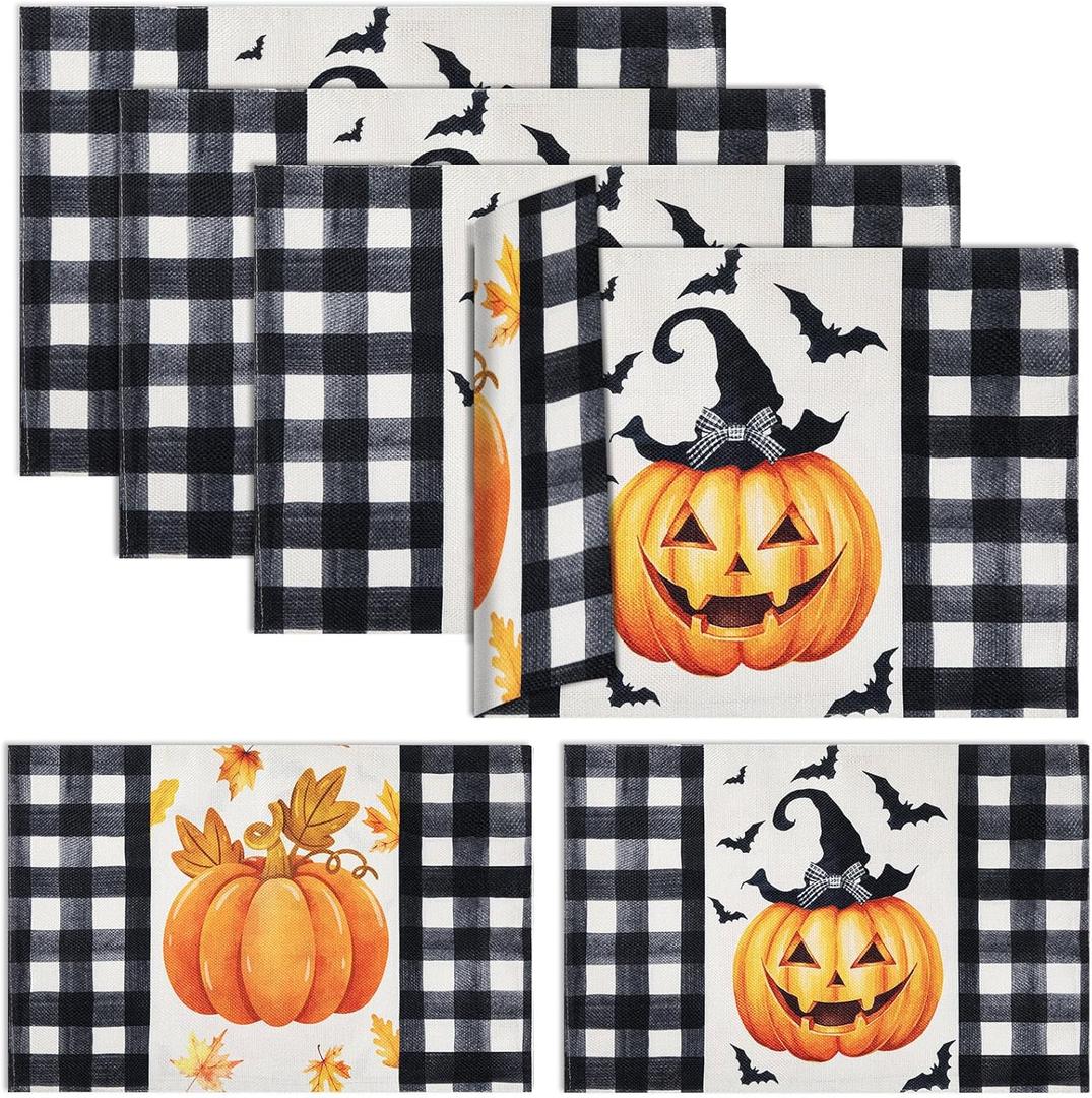 Vesici Buffalo Plaid Thanksgiving Placemats Set of 4, Double Sided 12 x 18 Inch Thanksgiving Placemats Set for Table Decorations Pumpkin Ghost(Pumpkin)