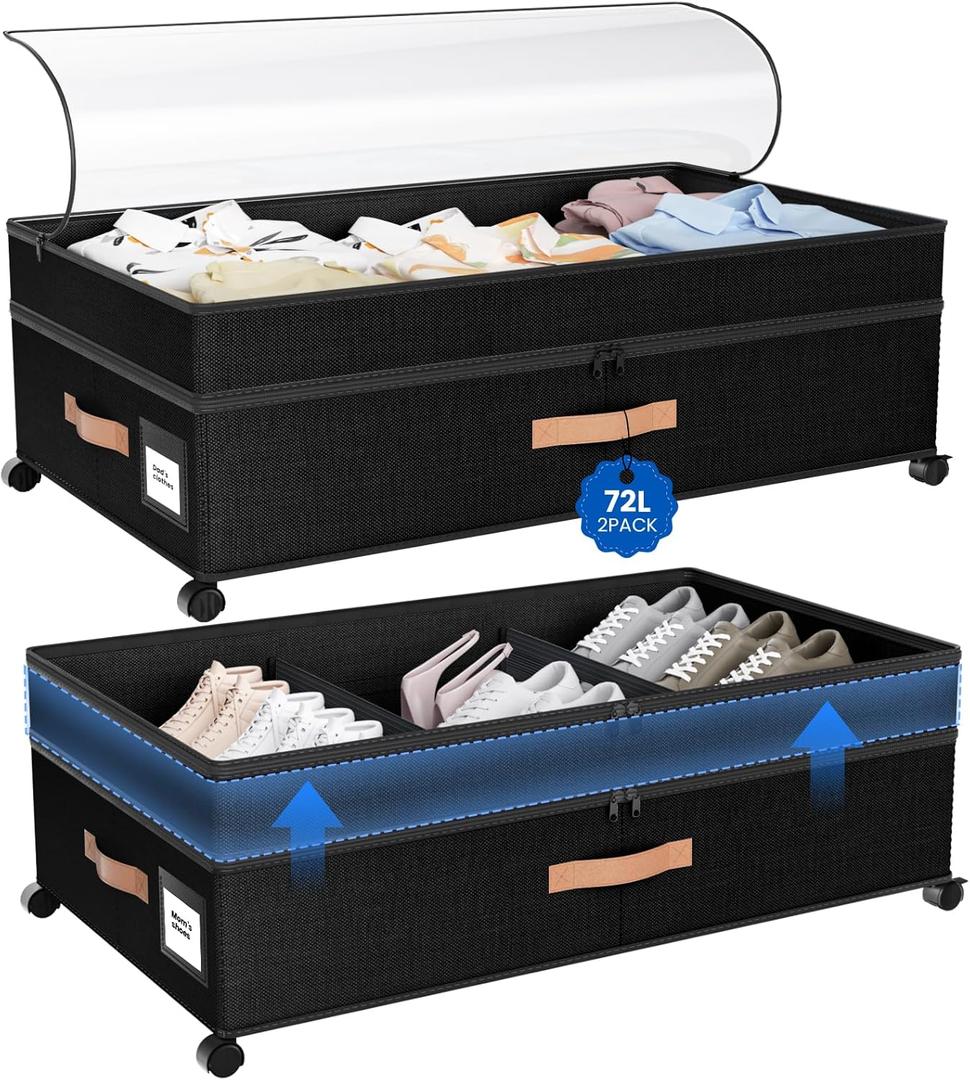 Under Bed Storage with Wheels, 72L XXL Under the Bed Storage Containers Large, 10" Tall Adjustable Storage for Underbed with Lids, Rolling for Shoes, Clothes, Blankets, Black