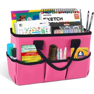 Desktop Tote and Organizer, Teacher Helper Caddy Bag for Arts, Books, Stationery, Office Desk Organization, Make-up Storage with Handles for Travel, Pink