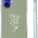 Sage Green Flower Case for iPhone 16, Aesthetic Minimalist Artsy Botanical Pattern Case,Soft TPU tective Cover Compatible with iPhone 16,6.1"
