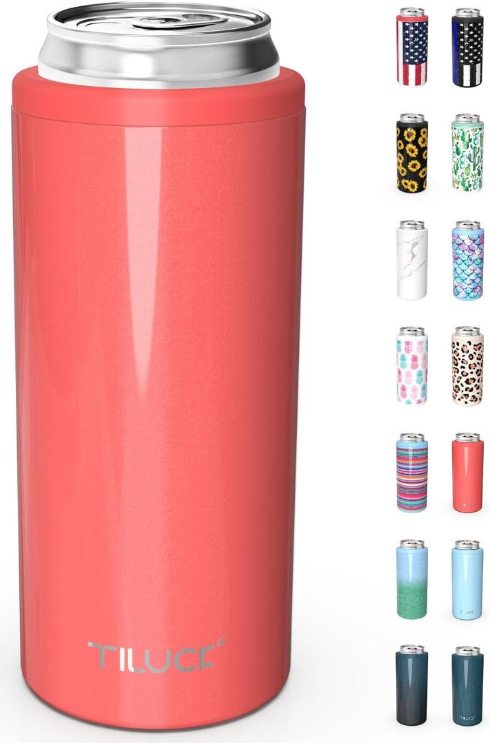 TILUCK Skinny Can Cooler for Slim Beer & Hard Seltzer, Stainless Steel, Doucle-Walled Stainless Steel Insulated Slim Cans, Standard 12 oz (Glitter Coral)