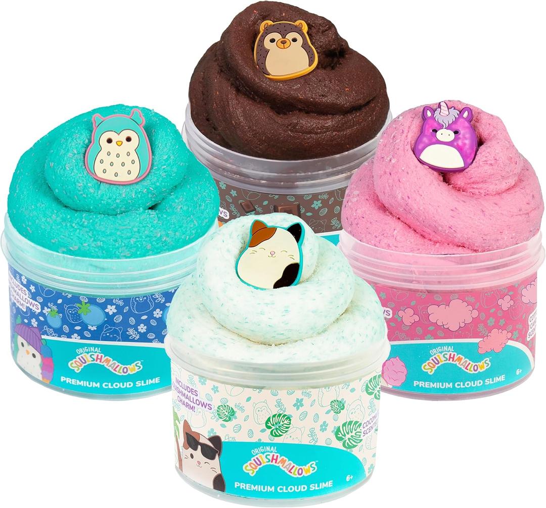 Original Squishmallows Premium Scented Slime, 4-Pack, 8 oz. Fluffy, 4 Scented, 8 Fun Add Ins, Pre-Made Sludge for Kids, Age 6+