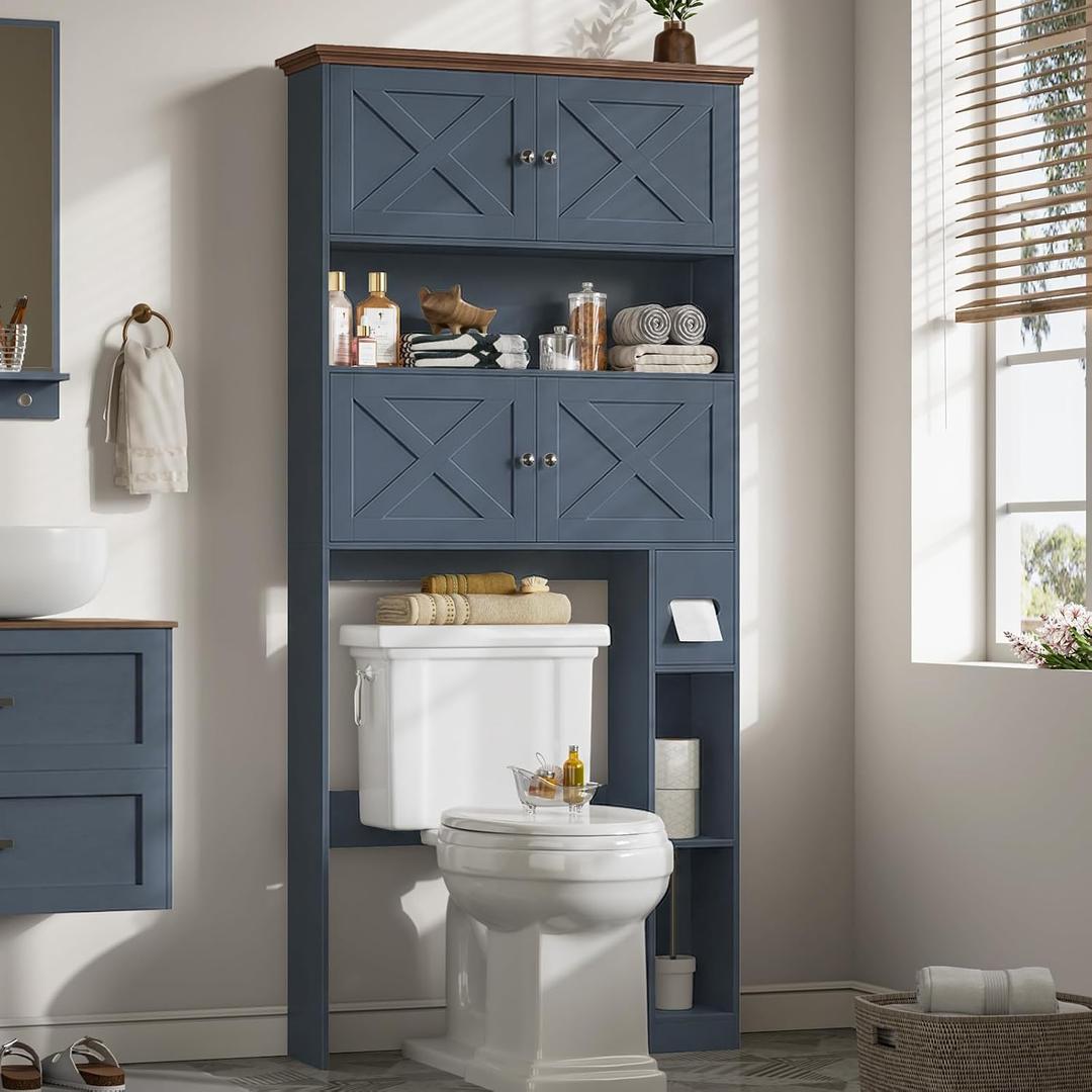 Halitaa Over The Toilet Storage Cabinet, Farmhouse Storage Cabinet Over Toilet with 4 Barn Doors & Toilet Paper Holder Stand, Blue Toilet Shelf Home Space Saver for Restroom, Bathroom, Laundry