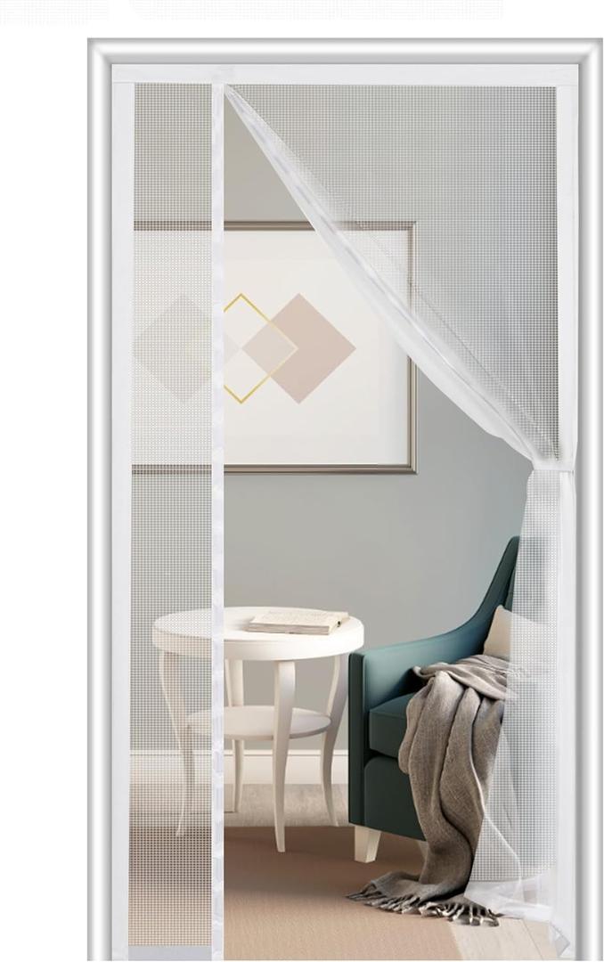 Sunolga Magnetic Screen Door Fits Door Size 32 x 80 Inch, Actual Screen Size 34 x 81 Inch, Reversible Left Right Side Opening, Sturdy Polyester Mesh Curtain Hands Free for Patio, Sliding Door, White