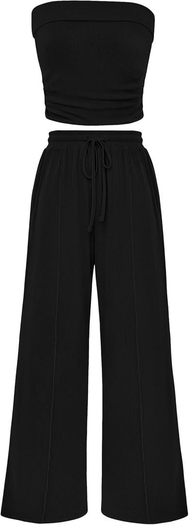 PRETTYGARDEN Womens Summer Outfits 2 Piece Sets Casual Ribbed Knit Crop Tube Top Wide Leg Pants Spring Matching Lounge Set (Large, Black)
