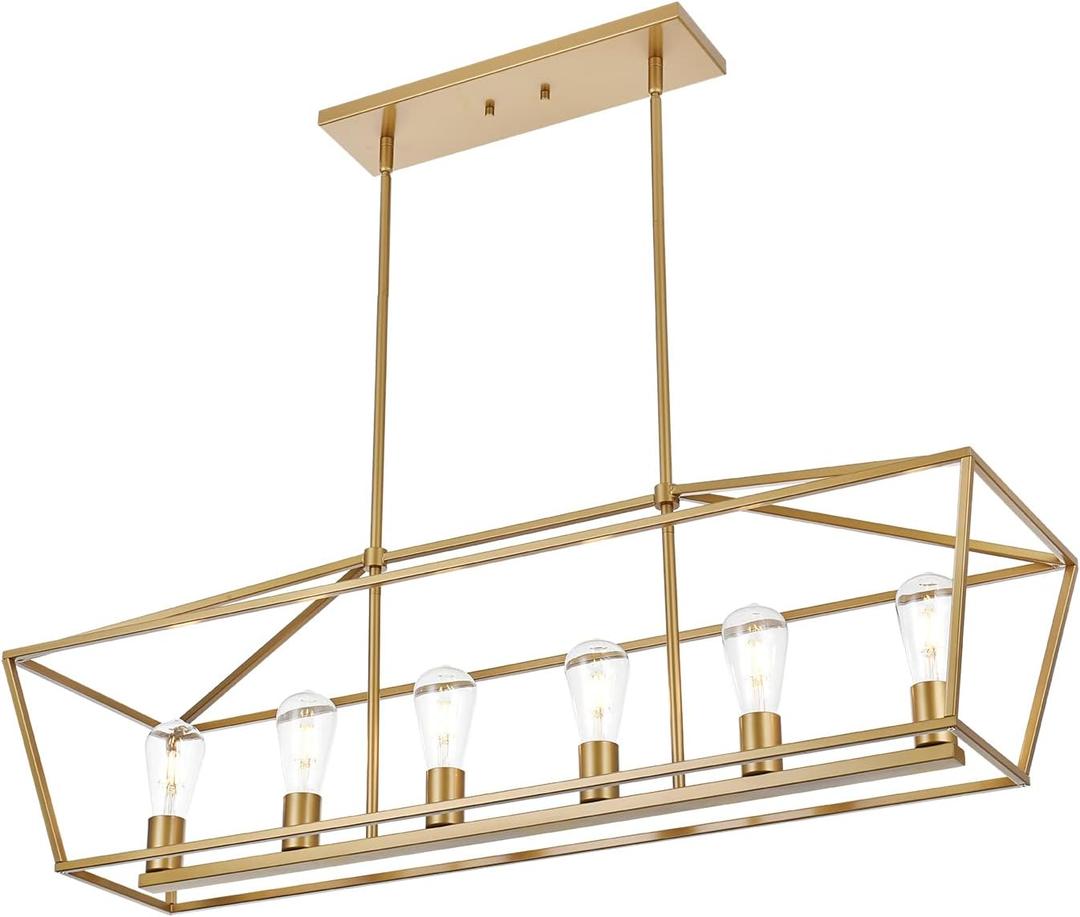 BONLICHT Farmhouse Chandeliers Gold 6 Light Modern Linear Dining Room Pendant Lighting Traditional Rectangular Kitchen Island Lantern Light Fixture Classic Ceiling Light with Adjustable Rods (6 lights)