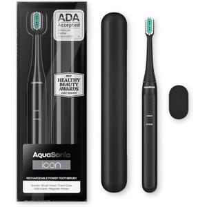 Aquasonic Icon ADA-Accepted Rechargeable Toothbrush | Magnetic Holder & Slim Travel Case | 2 Brushing Modes & Smart Timers | Gentle Micro-Vibrations(Onyx) (1 Count (Pack of 1))