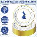 Qinyoung 50 Pcs Easter Bunny Disposable Plates 9 Inch Blue Rabbit Paper Plates Retro Gold Round Bunny and Bow Easter Dinnerware for Spring Baby Shower Birthday Party Table Supplies