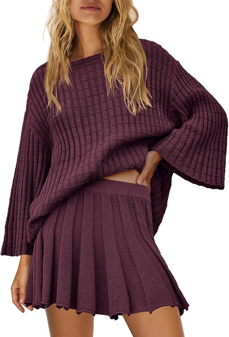 Yanekop Womens 2 Piece Sweater Skirt Set Loose Matching Lounge Sets Comfy Pajamas Set Long Sleeve Top and Skirt Sets (S)