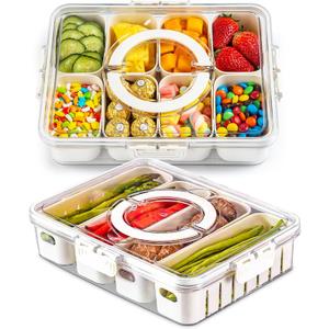 Snackle Box Container,2 Pack Divided Clear Snack Box Serving Tray with Lid and Handle,Charcuterie Board with Lid, Snack Organizer for Beach Picnic, Refrigerator Fresh, Party, Holidays and Travel (8 Compartments+4 Compartments)