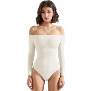 SUUKSESS Women Off the Shoulder Long Sleeve Bodysuit Double Lined Thong Bodysuit (X-Small, Cream White)