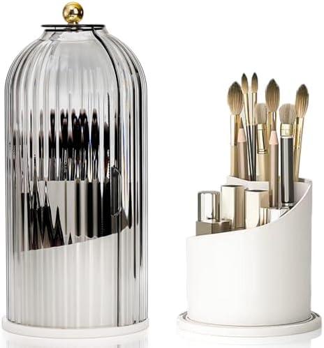 Eorbow Makeup Brush Holder Organizer with Lids, 360°Rotating Clear Dustproof Make Up Brush Container Box, Vanity Spinning Cosmetic Tools Storage Cup for Desktop Office Bathroom Countertop