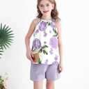 YOURUIKEY Cute Clothes for Girls Summer Outfits 2 Piece Clothing Set Purple Rose Crop Top for Kids with Pockets Tween Shorts Set Size 9