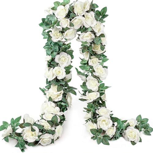 YRIOWMI 10PCS Fake Rose Garland, 7.5Ft Artificial Vines Flowers Hanging Rose Vine for Table Wedding Backdrop Arch Wall Party Mantle Festival Decor (Snowy White)