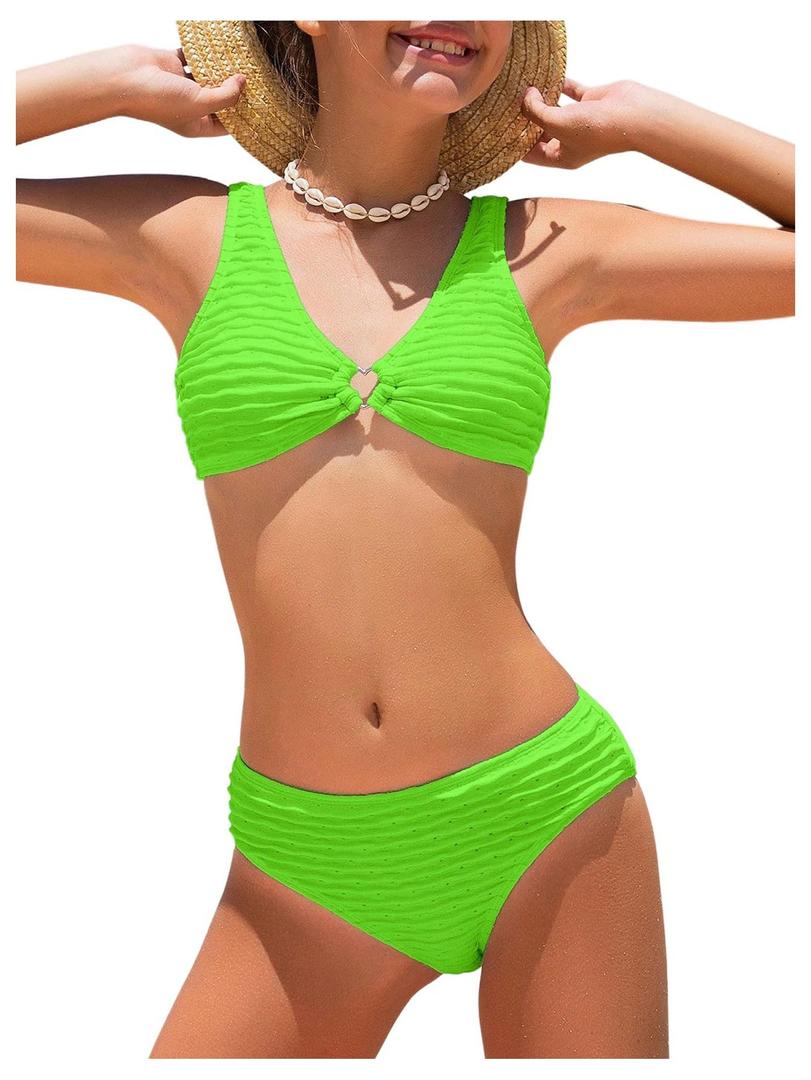 SOLY HUX Girl's V Neck Ring Linked Bikini Sets Bathing Suits Two Piece Swimsuit Green 14Y (Green)