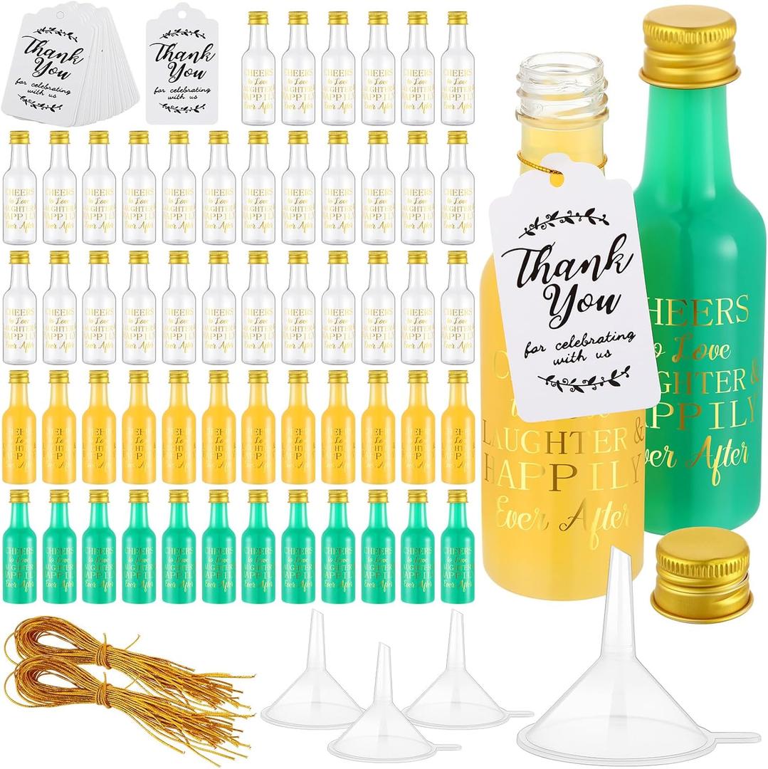 Maxcheck 50 Pack Wedding Mini Bottles Set 1.7 Oz Airtight Plastic Spirit Bottle with Golden Cap, Funnels, Thank You Tags and Elastic Lanyards Mini Shot Bottles for Guests Bridal Party
