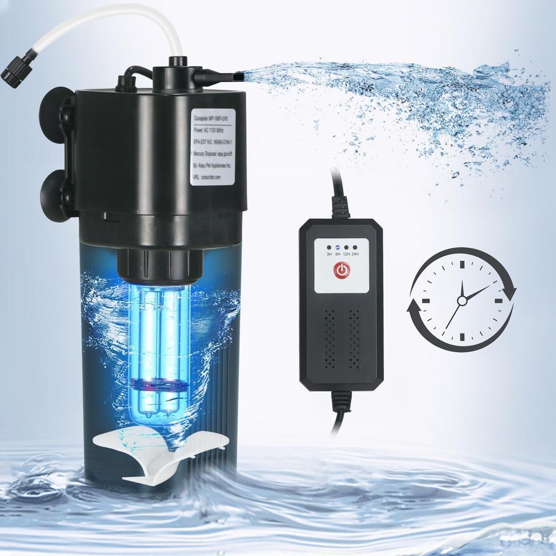 Aquarium U-V Filter for 10-40 gal, 132 GPH Swirl Turbo Design Submersible Internal Turtle Fish Tank Filter w/Timer, Quiet Power Pump Air Supply Green Clean Machine Saltwater Freshwater Green Killing