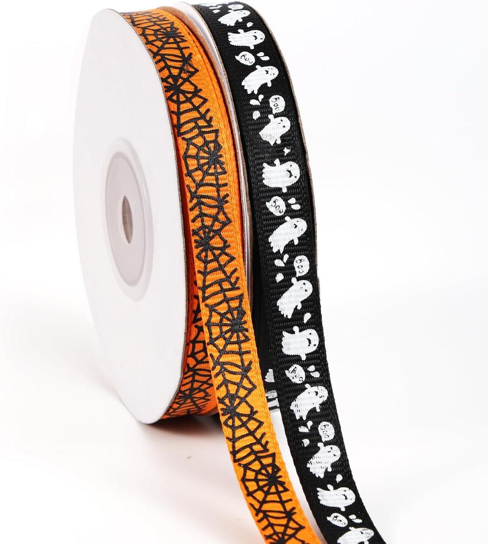 2 Rolls 50 Yards Halloween Ribbons, Orange Black & White Ghost Spider Web Printed Grosgrain Ribbon for Bow Wreath Gift Wrapping Halloween Decorations Sewing DIY Crafts