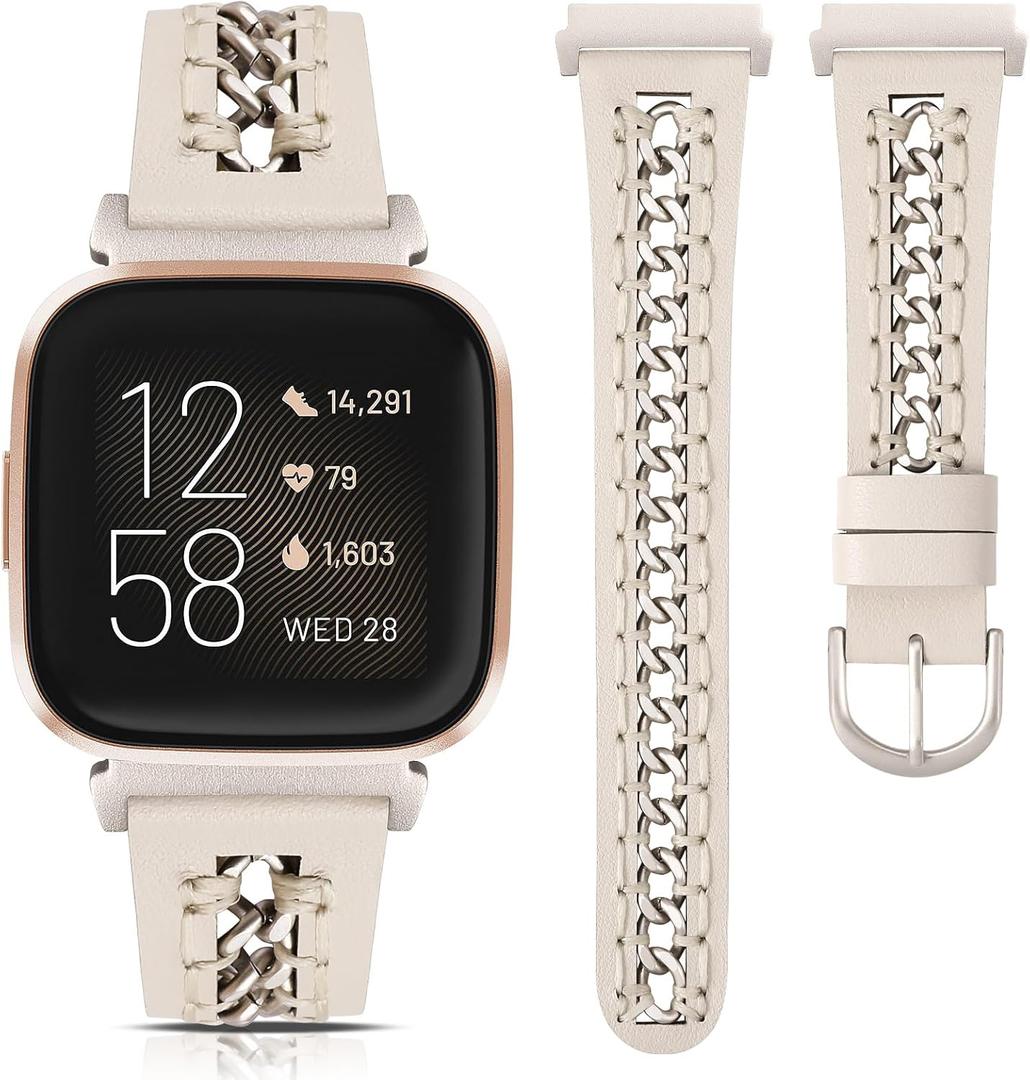 Minyee Leather Band Compatible with Fitbit Versa 2/Fitbit Versa/Versa Lite Bands Women, Dressy Premium Leather Designer Strap with Stainless Steel Metal Chain for Versa 2 Smartwatch Accessories (Starlight/Starlight)