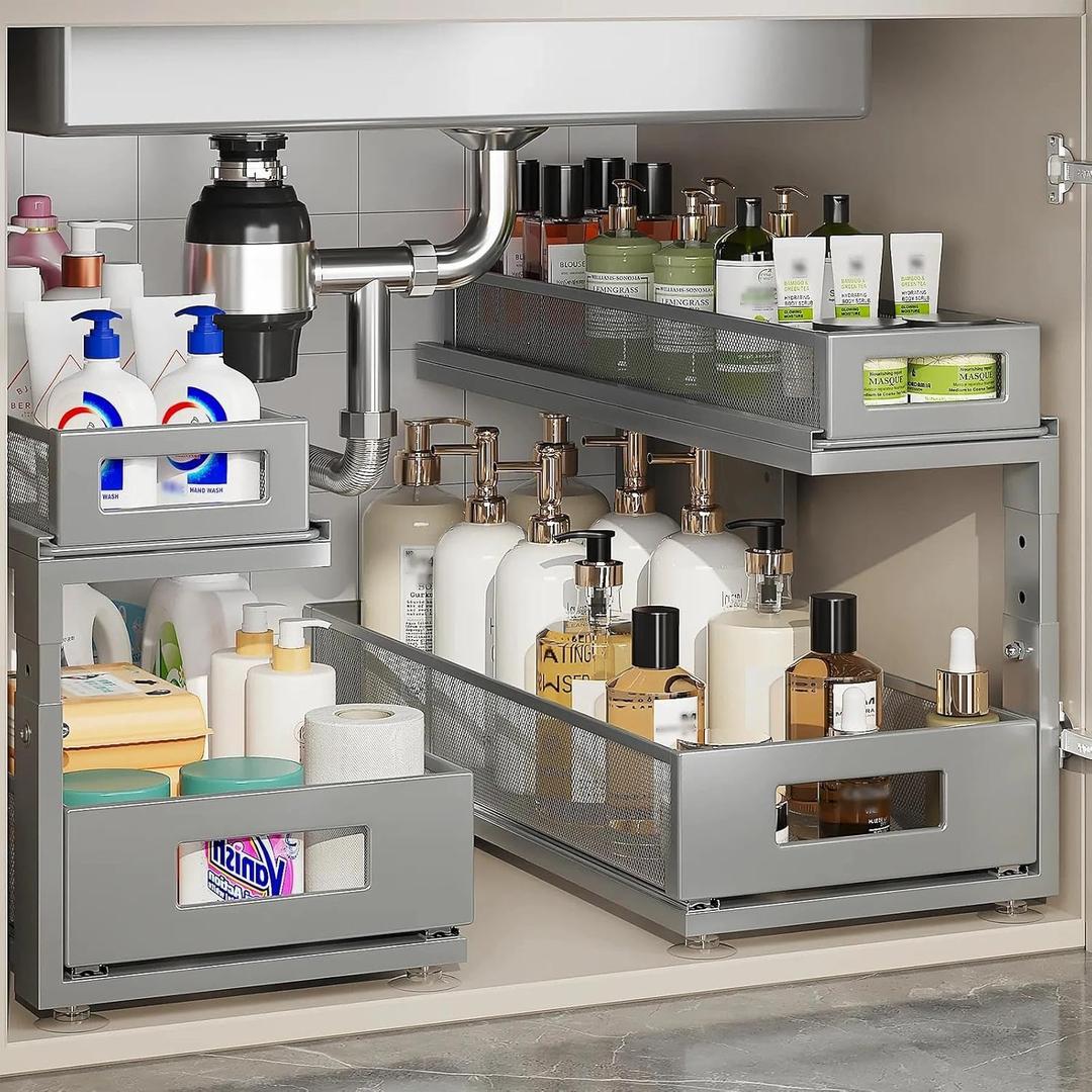 2 Pack 18.5IN-Depth Under Sink Organizer With Next-Gen Ball-Bearing Slides,2-Tier Pull Out Cabinet Storage,Height Adjustable Drawer Shelf for Bathroom,Kitchen,Laundry,Cabinet,Pantry-Gray
