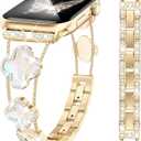 Bling Diamond Clover Bands Women Compatible with Apple Watch 40mm 38mm 41mm 42mm Lucky Cute Sparkle Dressy Bracelet Metal Strap for iWatch Series Ultra/SE/10/9/8/7/6/5/4/3/2/1, Gold