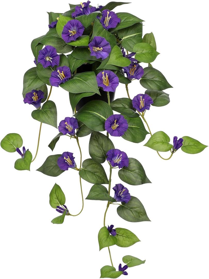 Briful Artificial Hanging Flowers in Pot 25.6" Faux Silk Morning Glory Flower Vine with Cascading Greenery Fake Hanging Plants for Home Office Bathroom Table Shelf Decor(Purple)