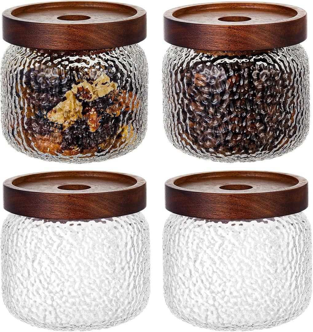 LemonRoad 4 Pack 10 oz Vintage Glass Jars with Lid Decorative Airtight Glass Food Containers Anti Slip Storage Canister for Kitchen Counter Pantry Coffee Nuts Sugar Candy Tea Cookie Spices Oats Cereal