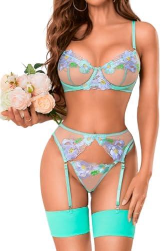 Kaei&Shi Floral Embroidered Garter Belt Set,Sheer Lingerie Sets for Women Sexy,Wedding Night Valentines Boudoir Outfits, Extra Large, Mint Green 