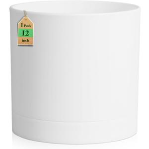 WSMKSZ 12 Inch Large Deep Flower Pots for Outdoor Indoor Plants, Cylinder Tall Plant Pots with Drainage Holes and Saucer, Big Decorative Plastic Planter Pots for Garden House Plants, White