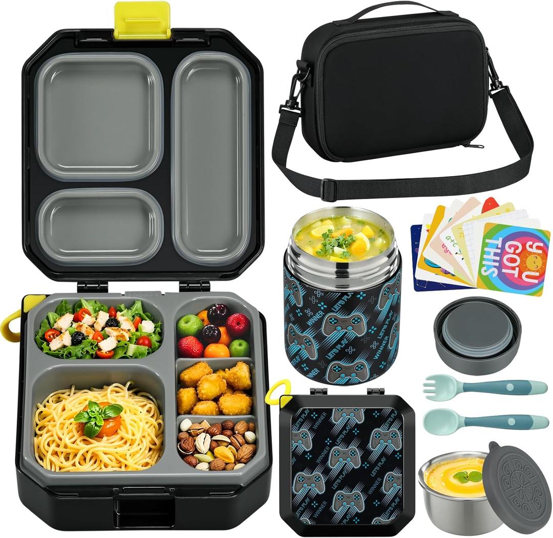 Itslife Bento Lunch Box Set for Kids with 12oz Soup Thermo&Lunch Bag, Leak-Proof Lunch Food Containers for Kids School, 5 Compartment, Sauce Cup, 10 Notes (Gaming Black)